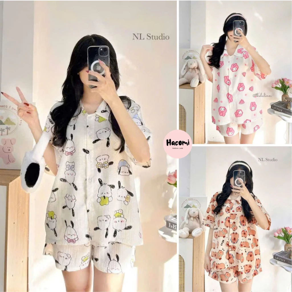 Đồ bộ pijama nữ áo CỘC quần ĐÙI họa tiết basic chất đũi xốp , set pijama dễ thương dành cho nữ M157