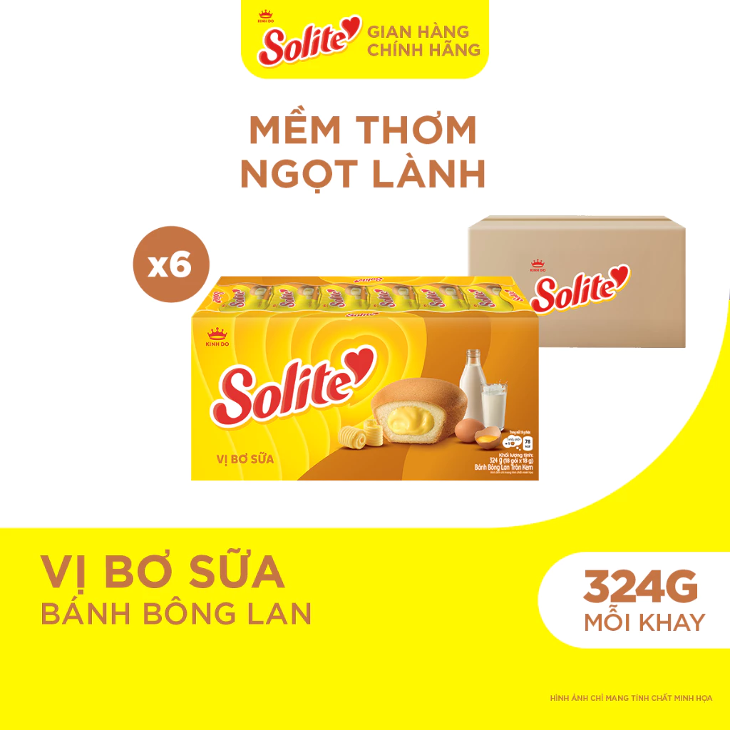 Combo 6 Khay Bánh Bông Lan Solite Tròn Kem Vị Bơ Sữa 324g