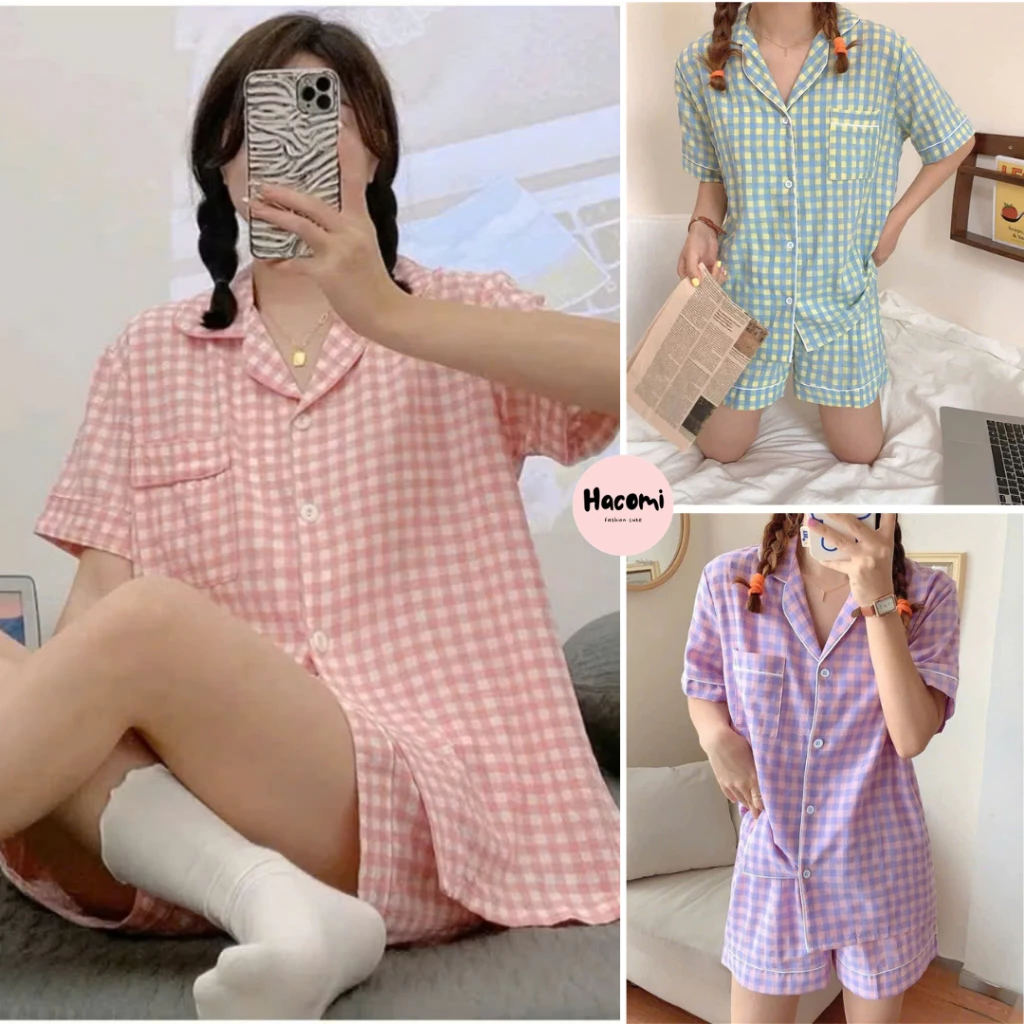 Bộ đồ ngủ caro cộc tay nữ - Set quần shorts đùi kèm áo thun ngắn, đồ ngủ pizama caro viền trơn màu basic ulzzang