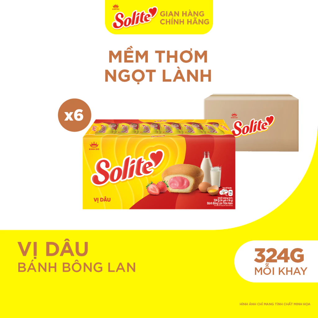 Combo 6 Khay Bánh Bông Lan Solite Tròn Kem Vị Dâu 324g