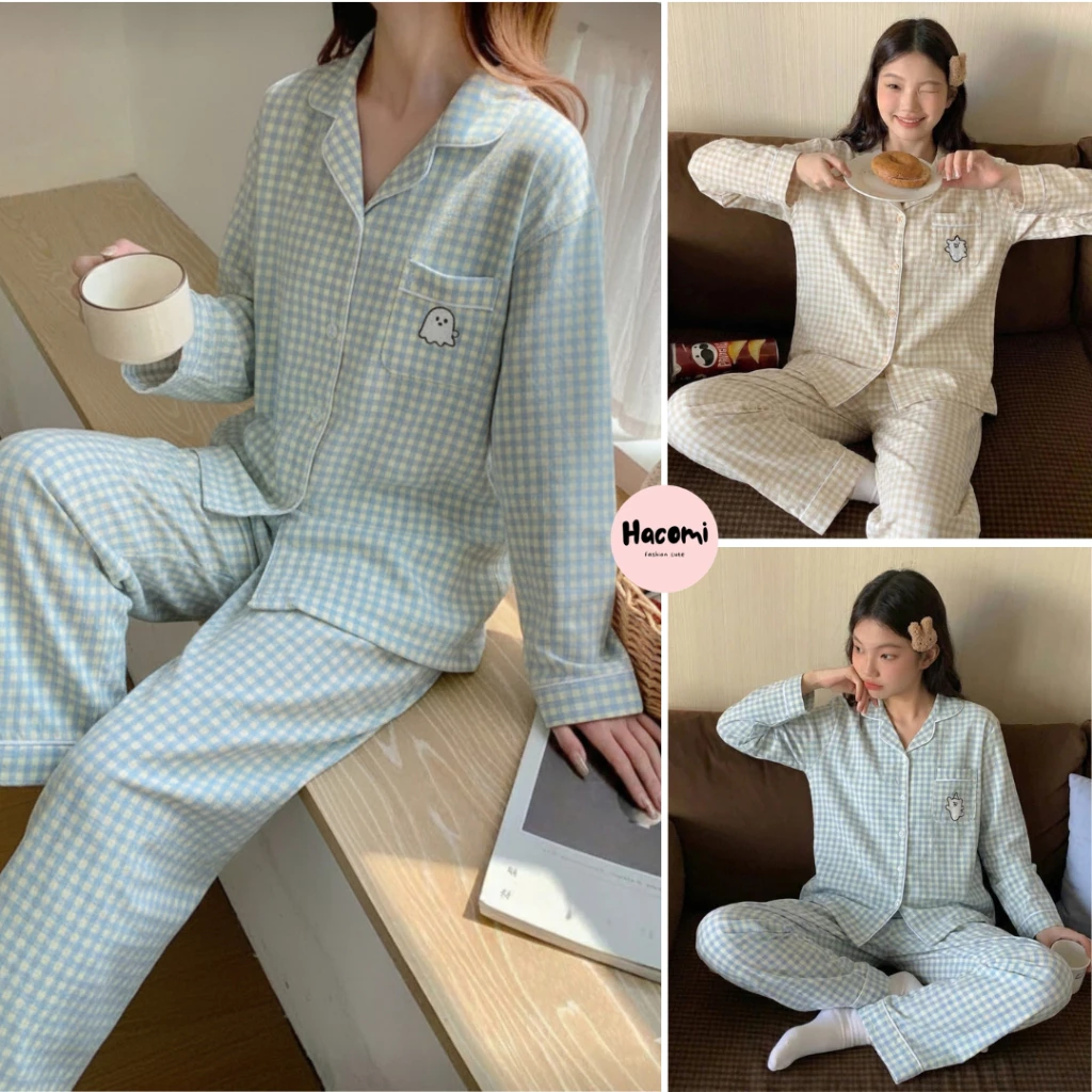 Bộ pijama tay dài thêu gấu nữ cổ bẻ viền chất vải đũi xốp mát mịn, đồ bộ mặc nhà thêu gấu dễ thương