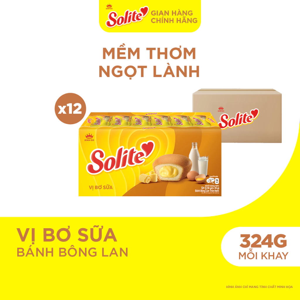 Thùng 12 Khay Bánh Bông Lan Solite Tròn Kem Vị Bơ Sữa 324g
