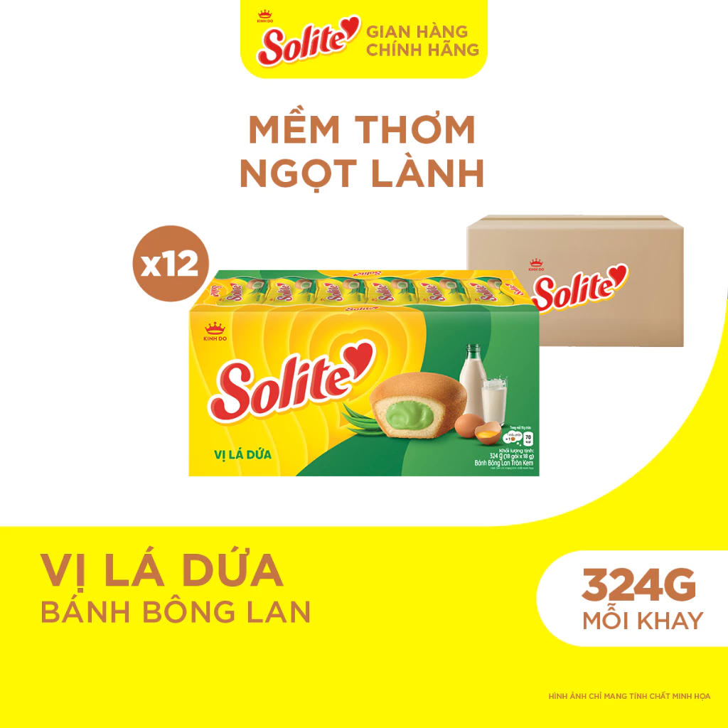 Thùng 12 Khay Bánh Bông Lan Solite Tròn Kem Vị Lá Dứa 324g