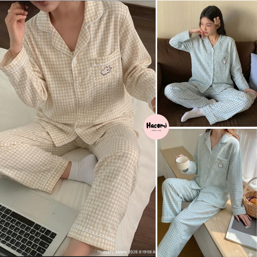 Bộ pijama dễ thương kẻ caro thêu gấu túi trước ngực nữ, set đồ ngủ dài tay thiết kế bánh bèo mặc ở nhà