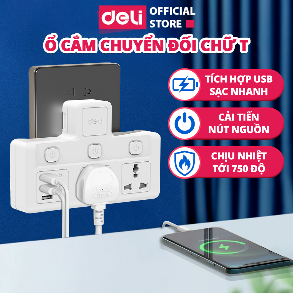 Ổ Chia Điện Đa Năng DELI 2500W Tích Hợp Cổng USB&TypeC Sạc Thường, Sạc Nhanh…