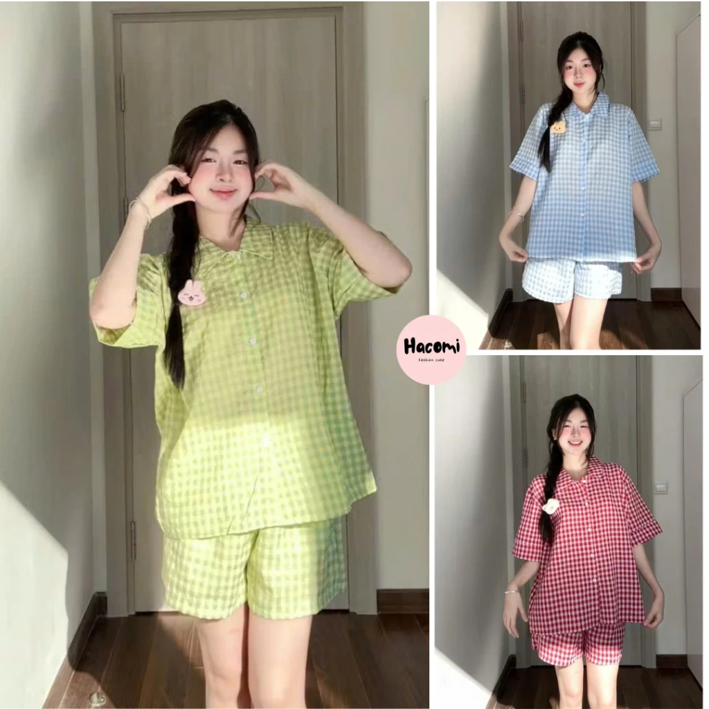 Bộ pijama kẻ caro nhiều màu chất đũi họa tiết dễ thương phong cách hàn quốc siêu hot