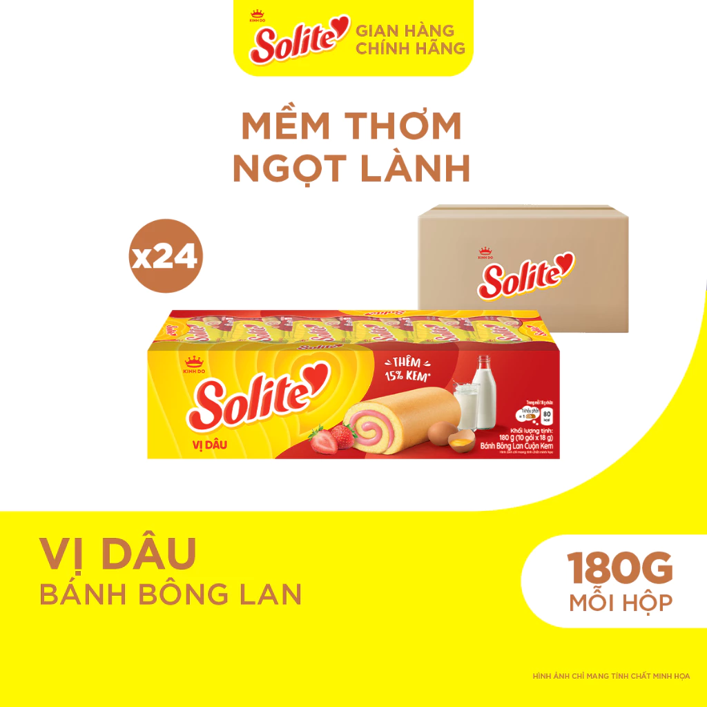 Thùng 24 Hộp Bánh Bông Lan Solite Cuộn Kem Vị Dâu 180g