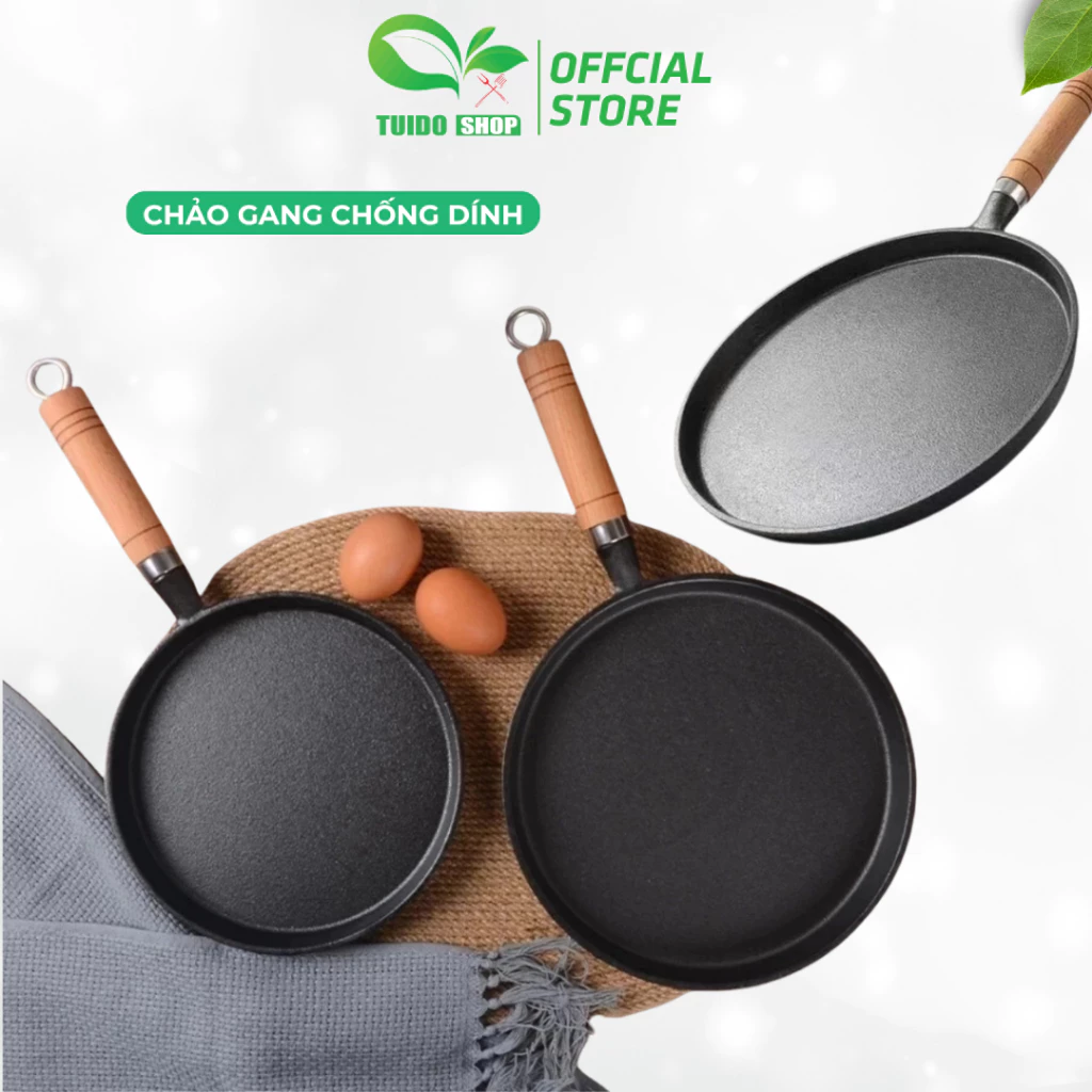 Chảo Gang Chống Dính 20cm,26cm Sử Dụng Cho Mọi Loại Bếp, Quai Gỗ Cách Nhiệt - TUIDO SHOP