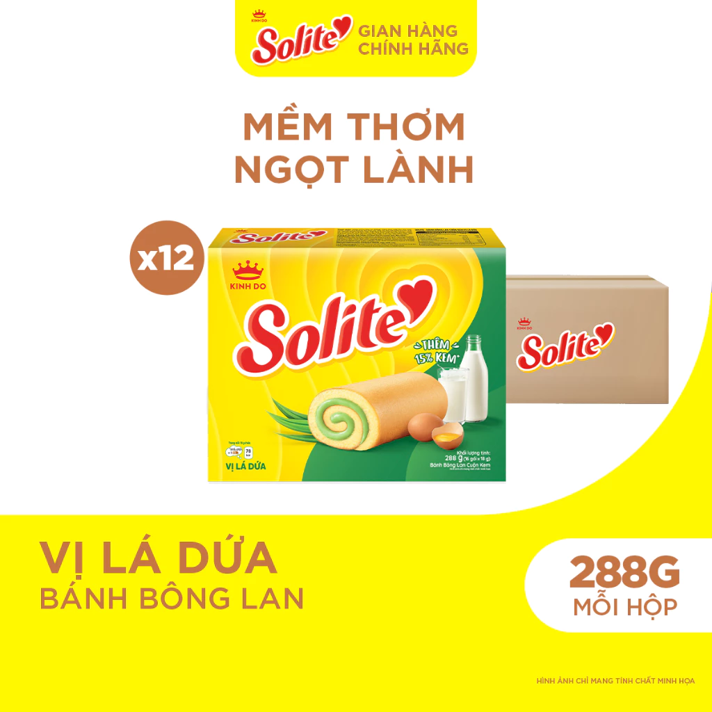 Thùng 12 Hộp Bánh Bông Lan Solite Cuộn Kem Vị Lá Dứa 288g