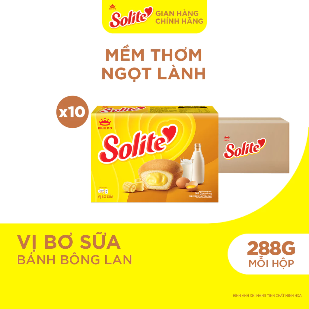 Thùng 10 Hộp Bánh Bông Lan Solite Tròn Kem Vị Bơ Sữa 288g