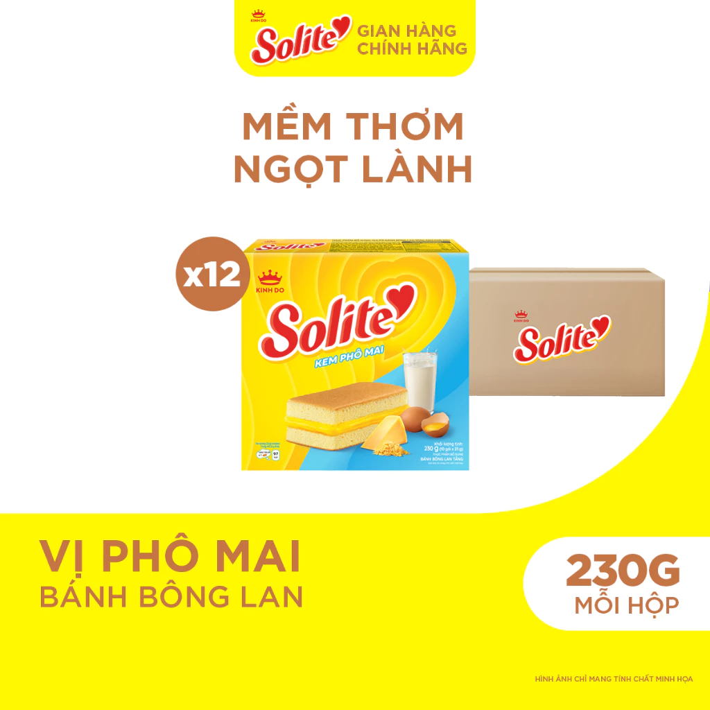 Thùng 12 Hộp Bánh Bông Lan Solite Tầng Kem Phô Mai 230g