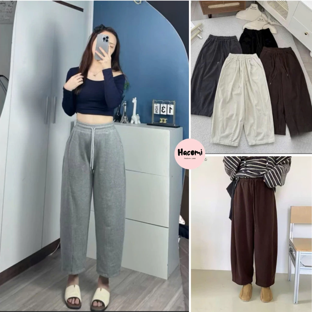 Quần dài nữ baggy chất tăm dáng thụng ống rộng - Culottes ống rộng cạp chun vintage phong cách trẻ trung