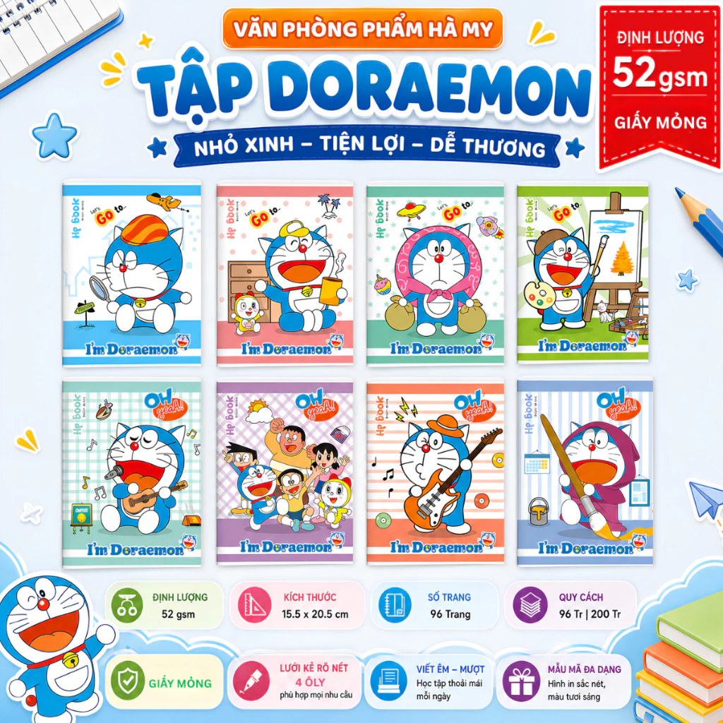 Tập Vở Học Sinh Doraemon A5 Giấy Mỏng 52gsm Vở 4 Ôly Vuông Độ Trắng Tiêu Chuẩn