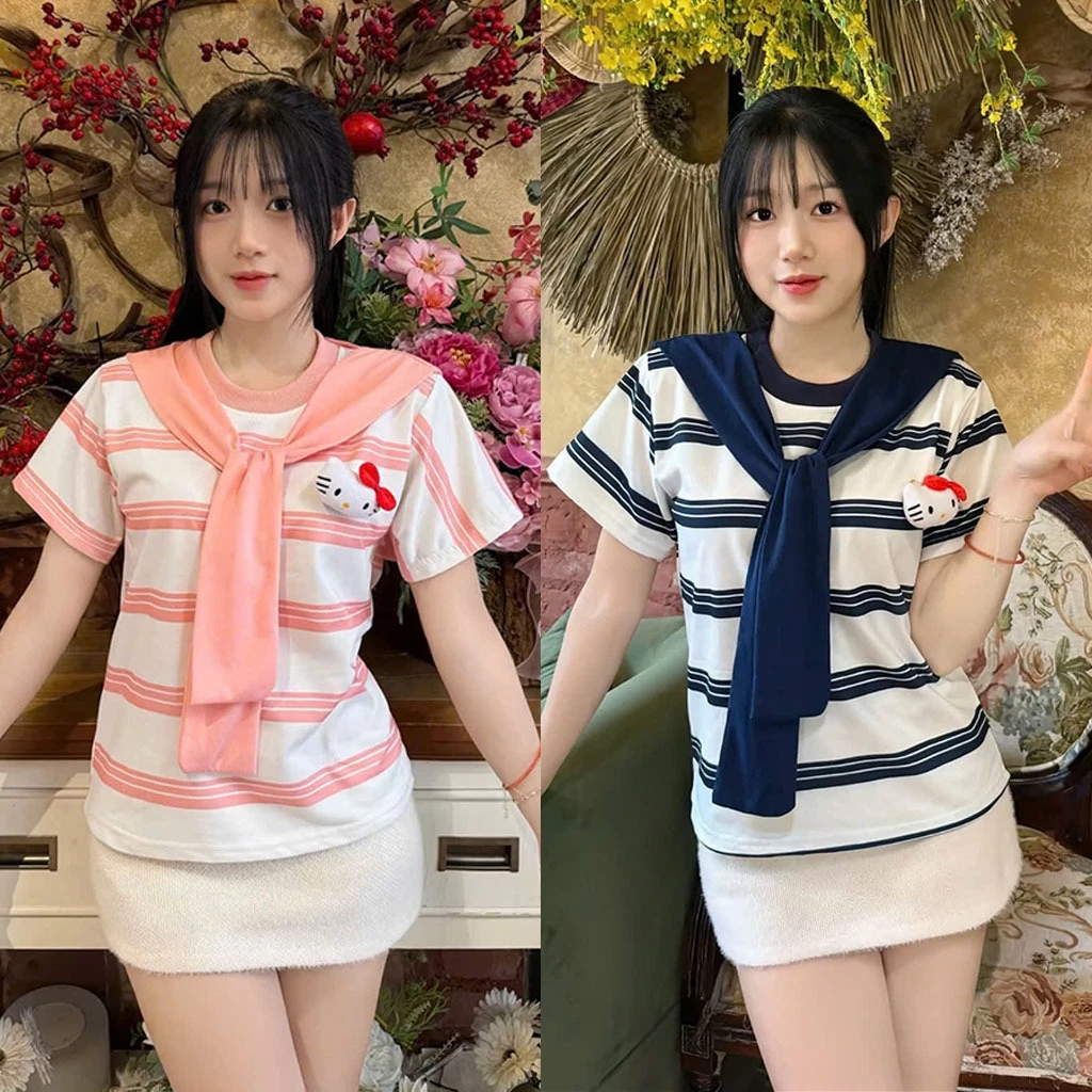 [ Tặng Charm Mèo Bông ] Áo Thun Nữ Kẻ Viền To Quàng Khăn Cổ Đáng Yêu Chất Thun Cotton Mềm Co Dãn