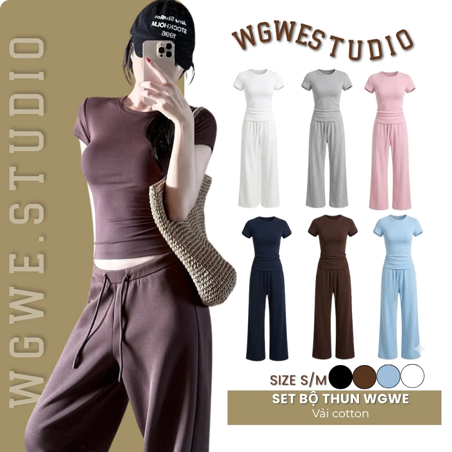WGWE Studio Set Bộ Áo Thun Tay Ngắn Quần Dài Ôm Body Nữ Co Giãn Mềm Mịn Tôn Dáng Cá Tính 9620