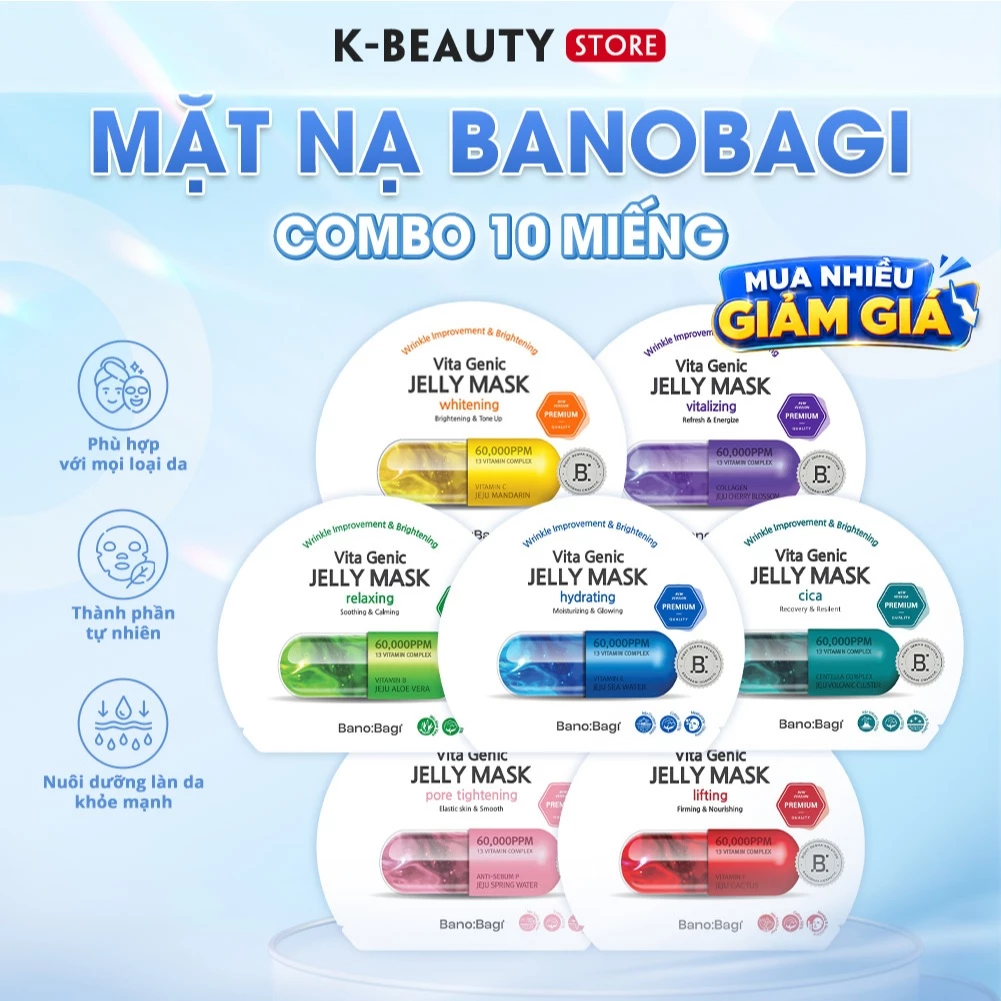 COMBO 10 MIẾNG Mặt Nạ BANOBAGI Vita Genic Jelly Mask Vitamin Dưỡng Trắng, Cấp Ẩm, Chống Lão Hóa Da 30ml