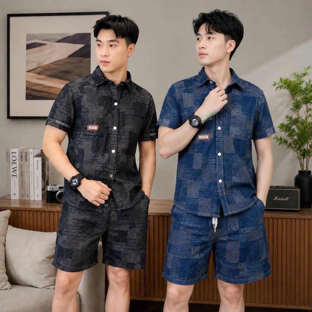 (M-29) (DEAL MỞ BÁN ) Bộ denim nam nữ DAGUL hoạ tiết kẻ sọc, phối tag da, và lẻ áo in chữ cách điệu