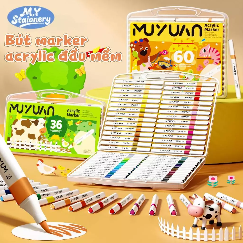 Bút Màu Acrylic Marker 12/24/36/48/60 Cao Cấp Đầu Mềm Màu Sắc Tươi Sáng, Có Tay Cầm Cho Học Sinh