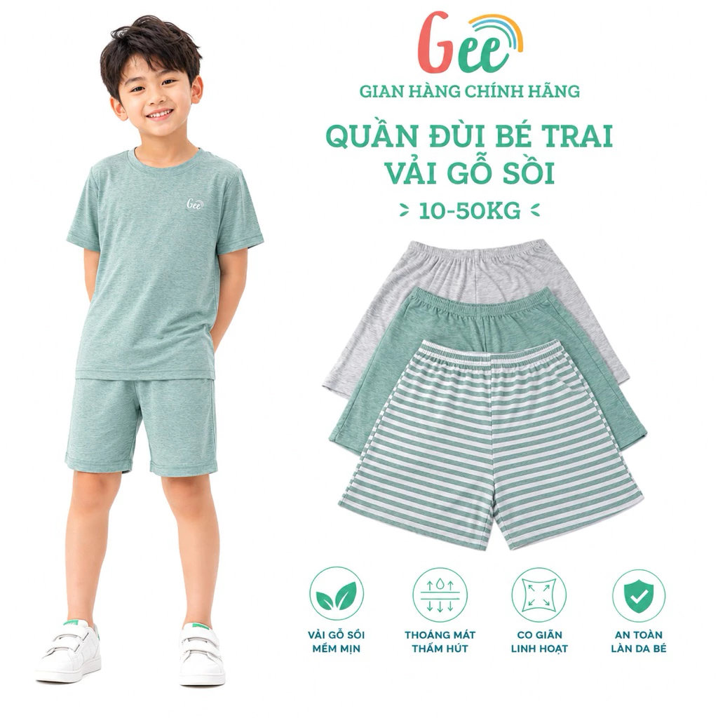 Quần Đùi Bé Trai Gee, Quần Thun Cộc Mặc Nhà Trẻ Em, Vải Gỗ Sồi Mềm Mịn, Co Giãn, Thấm Hút, Có Size Đại