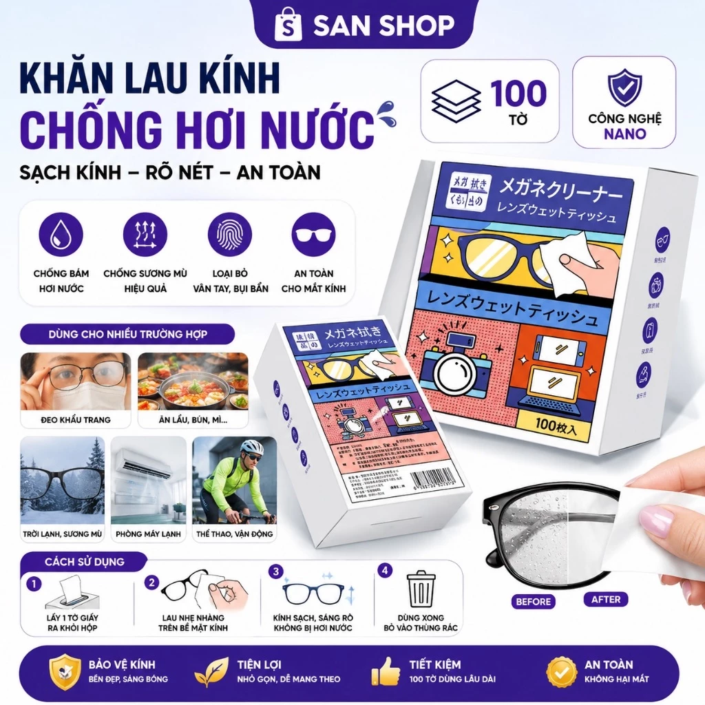Hộp 100 Khăn Lau Kính Nano Jyoohome Chống Bám Hơi Nước Giấy Mắt Sương Mù Mồ Hôi Sanshop