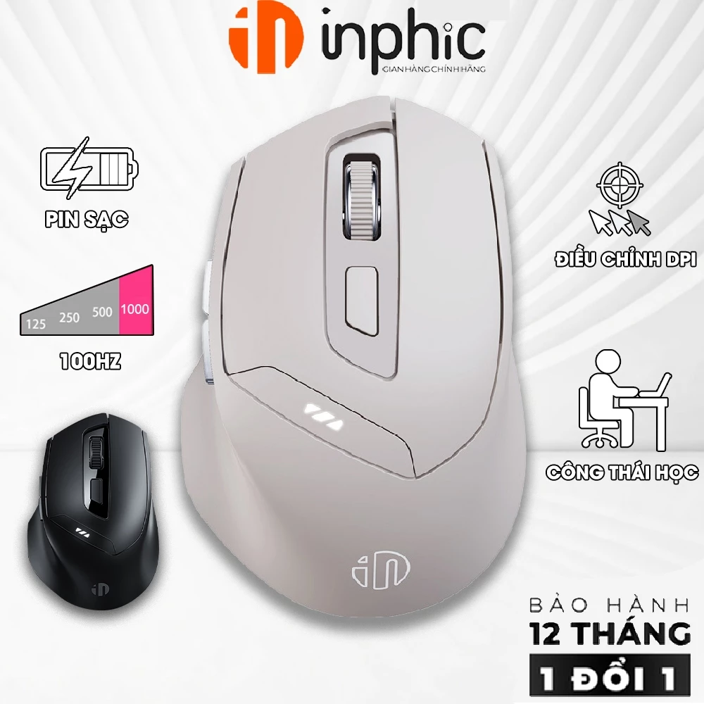 Chuột không dây bluetooth pin sạc INPHIC DR6-V2 1000hz tắt âm gaming văn phòng silent có app công thái học