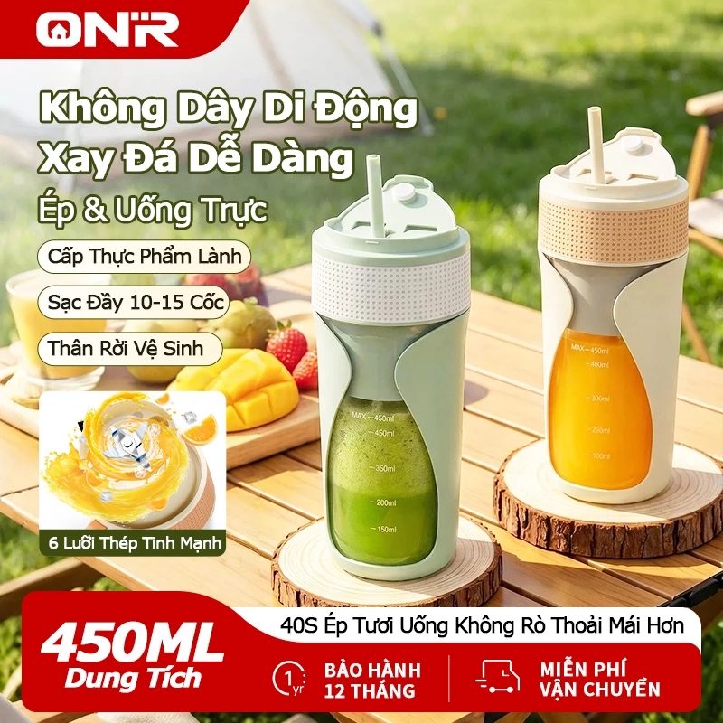 Máy Xay Sinh Tố Cầm Tay 450ml, 6 Lưỡi Thép, Xay Đá Được, 40S Ép Nhanh, 2 Nắp, Tặng Ống Hút