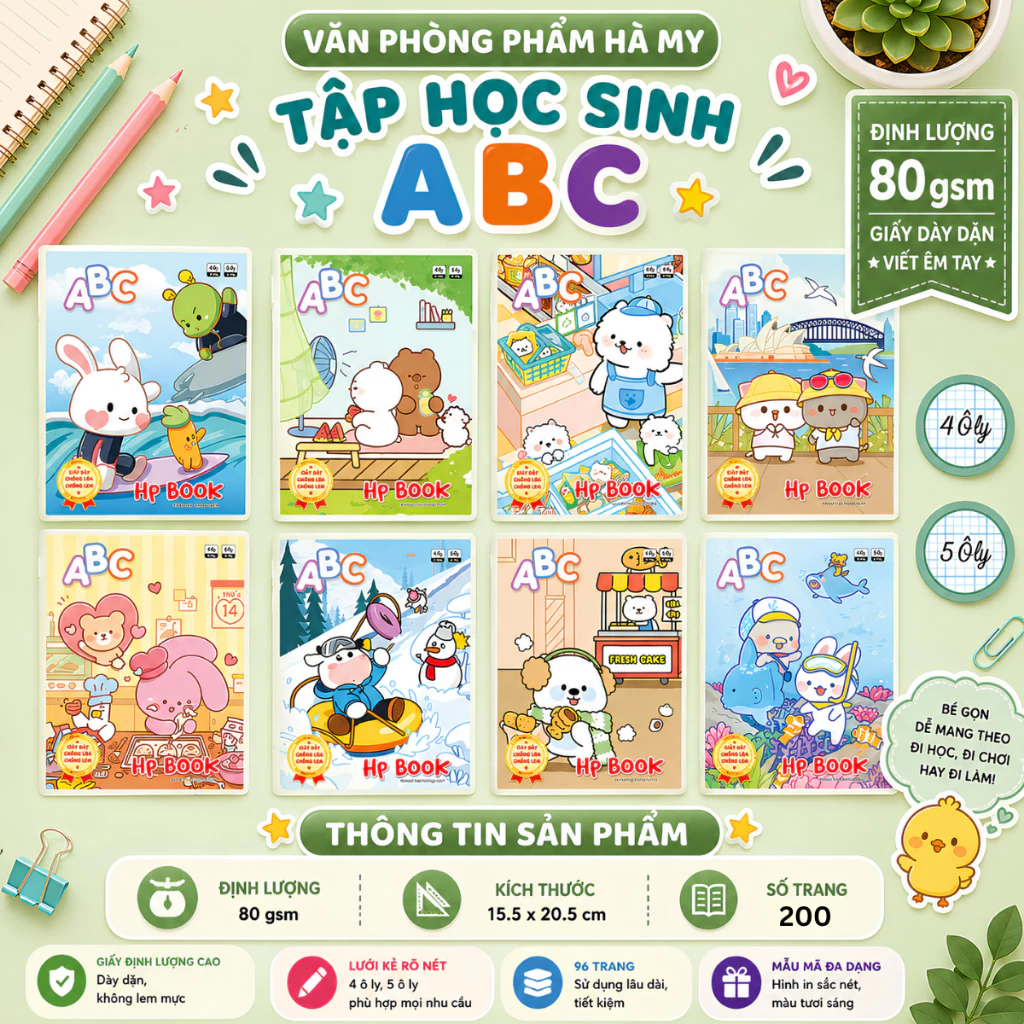 Combo 5 Quyển Tập Vở ABC Học Sinh 200 Trang A5 70gsm/80gsm Bám Mực Tốt, Không Bị Lem