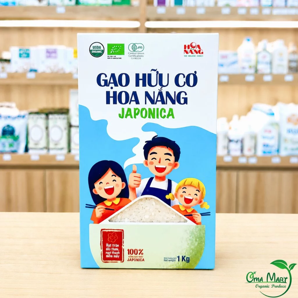 Gạo Japonica Hữu Cơ Hoa Nắng 1kg - Gạo Nhật Cho Bé Ăn Dặm, Nấu Cháo Dẻo Tan, Giàu Dinh Dưỡng