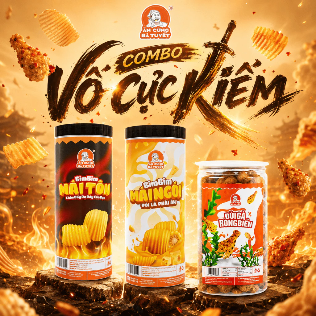 Combo VỐ CỰC KIẾM: Đùi Gà Rong Biển + Bim Mái Tôn + Bim Mái Ngói  - Đồ Ăn Vặt Snack - Ăn cùng Bà Tuyết M40