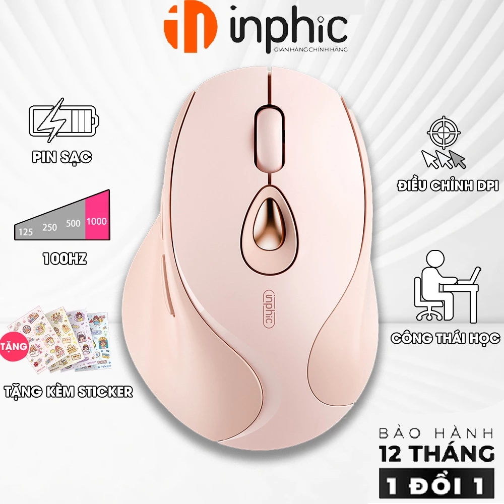 Chuột không dây pin sạc INPHIC DR8-V3 trà sữa cute gaming silent chống ồn văn phòng 3 mode laptop pc macbook 7 nút bấm