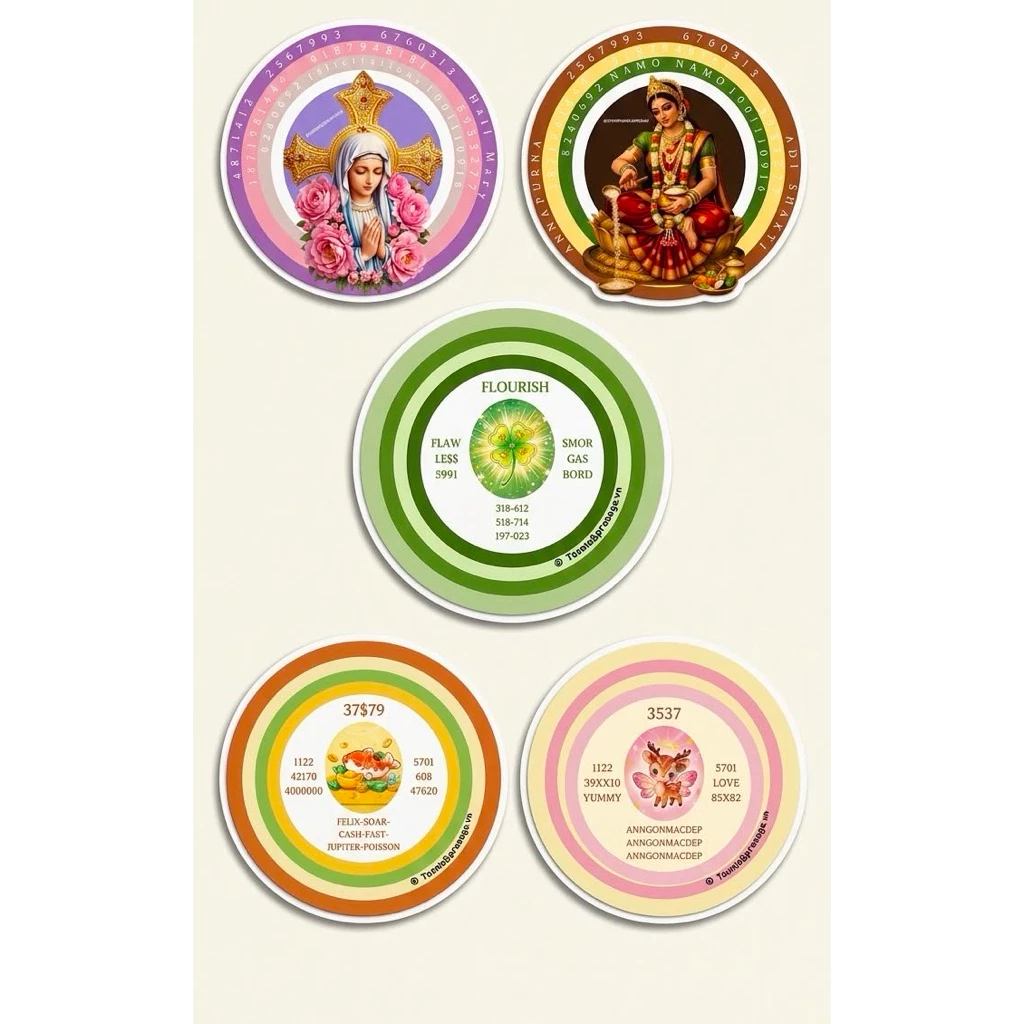 [Presage.vn] [Tròn 5cm] Combo 20 Stickers 5 Mẫu Nai, Cá Koi, Clover, Mẹ Annapurna, Mẹ Maria