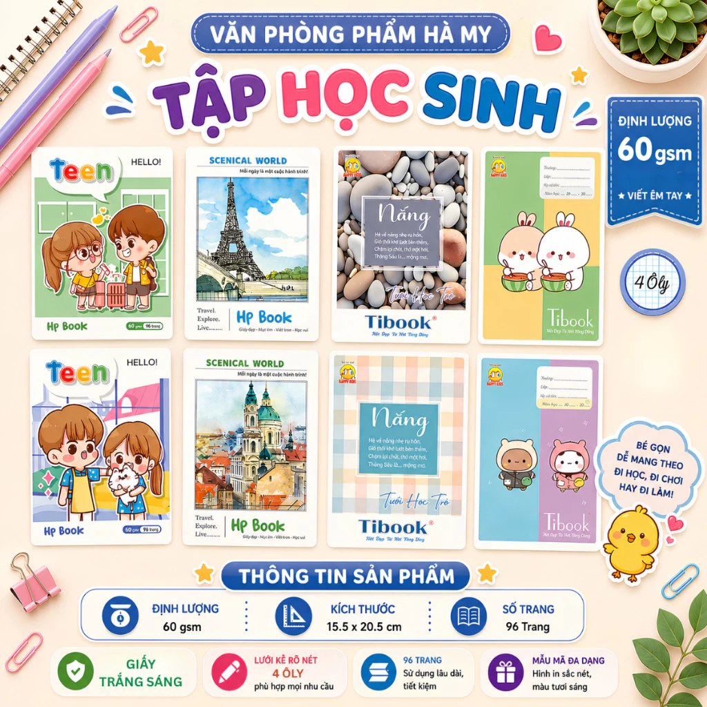 Combo 10 Quyển Tập Vở Học Sinh 96 Trang A5 Giấy 60gsm Vở 4 Ôly Vuông Độ Trắng Tiêu Chuẩn