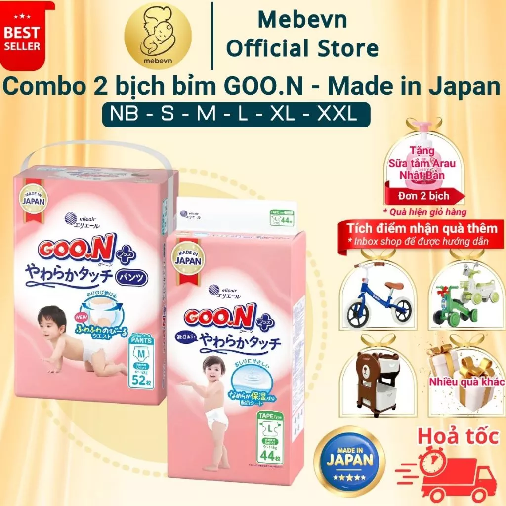 [FBS] Combo 2 bịch bỉm Goon sản xuất tại Nhật cao cấp, bỉm Goon thoáng khí, thấm hút tốt xuyên đêm