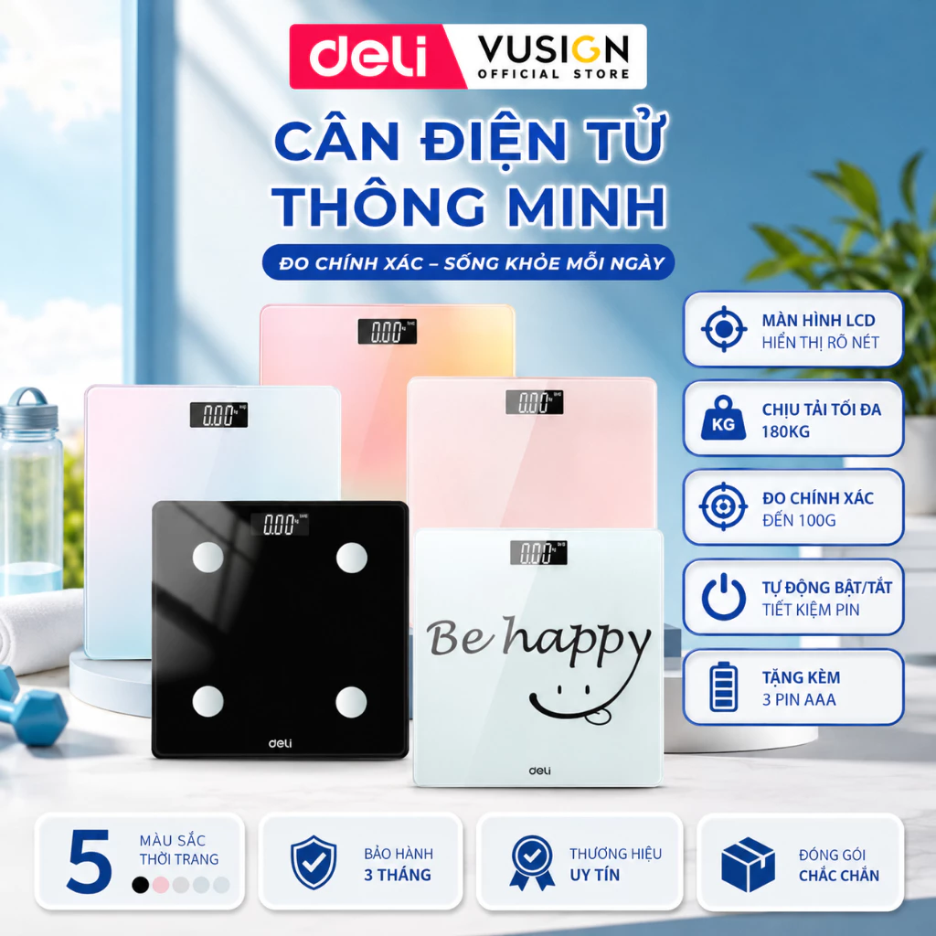 Cân điện tử sức khỏe Deli - Thiết kế mới độc đáo, số đo chính xác, kính cường lực tải trọng 180kg - E86120