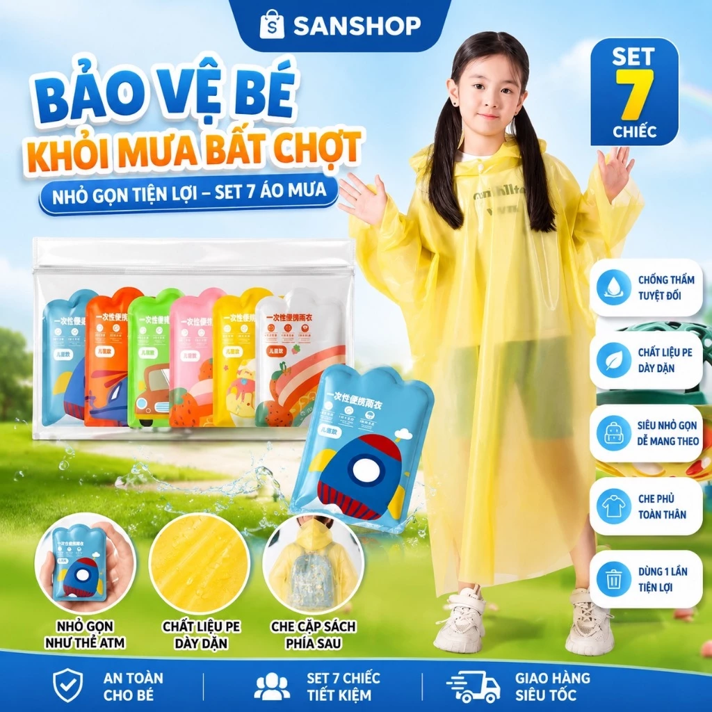 Set 7 Áo Mưa Trẻ Em Dùng Một Lần Poncho Dày Dặn Tiện Lợi Cho Bé Đi Học Du Lịch Sanshop