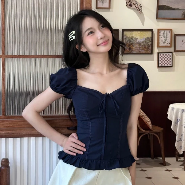 𝙏𝒉𝙖𝒐𝙫𝒊_𝑼𝙡𝒍𝙯𝒂𝙣𝒈// Áo Babydoll Nữ Kiểu Tay Phồng Ren Ngực Thắt Nơ Phong Cách Mùa Hè Kimee - KA840