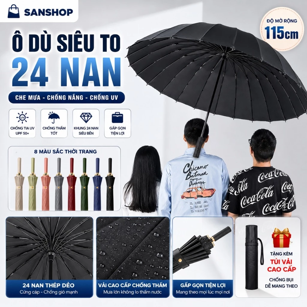 Ô Dù Cỡ Lớn Loại 24 Nan Vải Chống Thấm Đi Mưa Che Nắng Đường Kính 115Cm Sanshop