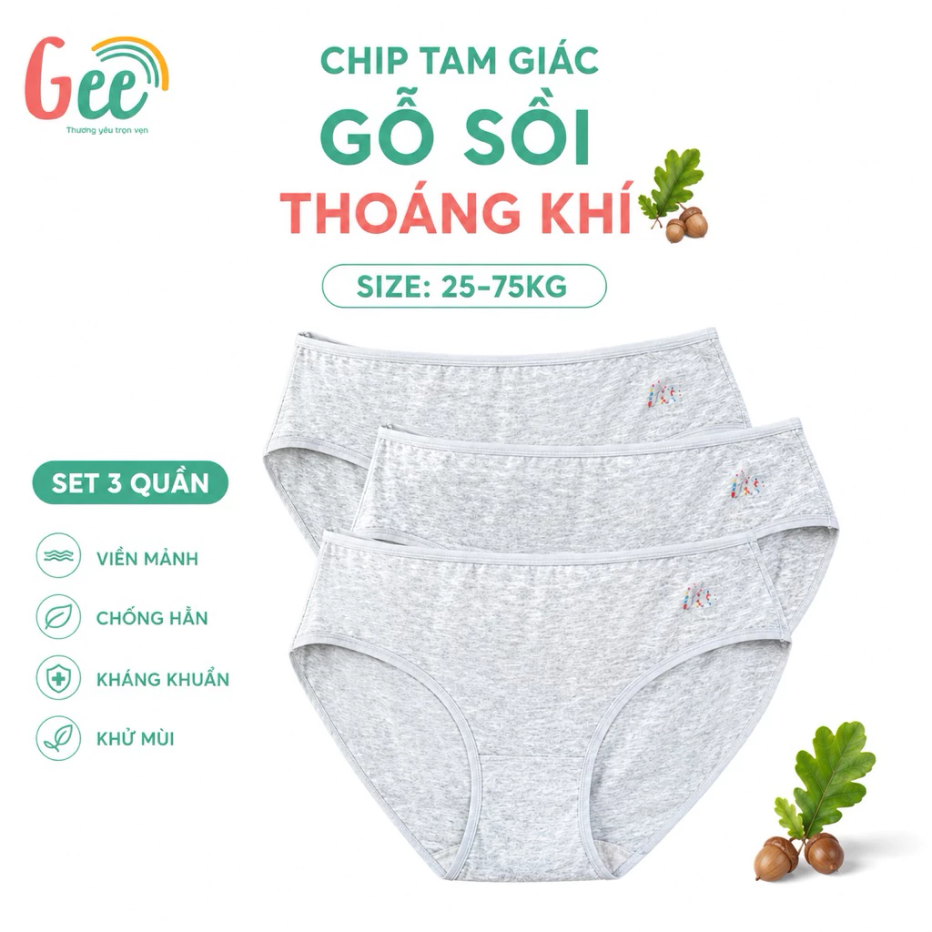 Set 3 quần lót nữ Gee TAM GIÁC XÁM, vải sợi sồi mềm mịn, size 40-75kg, viền mảnh, co giãn, thoáng mát, thấm hút