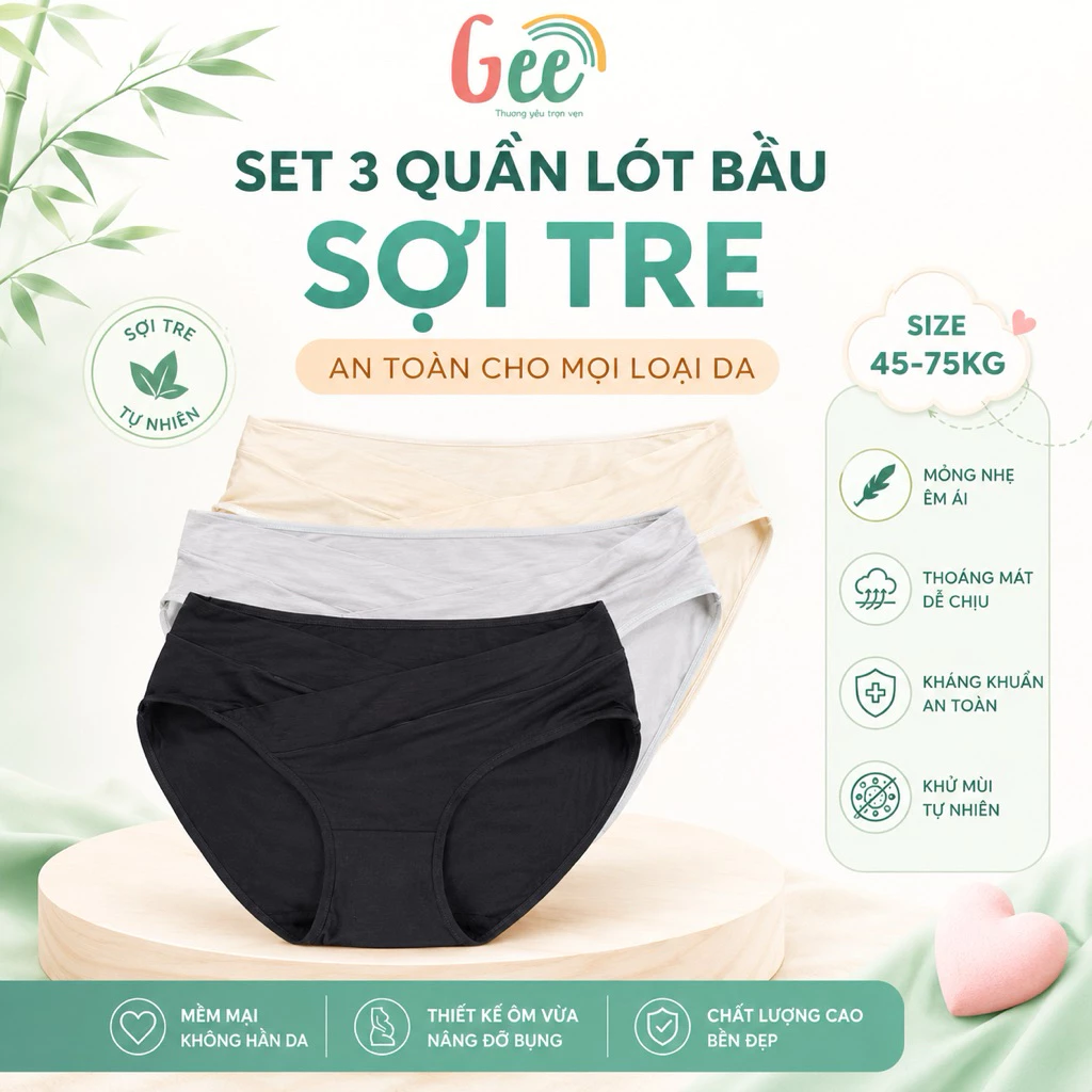 Quần lót bầu cạp chéo Gee, set 3 quần lót bà bầu sợi tre, quần bầu nữ big size, mềm mịn, co giãn, thấm hút, size 45-75kg