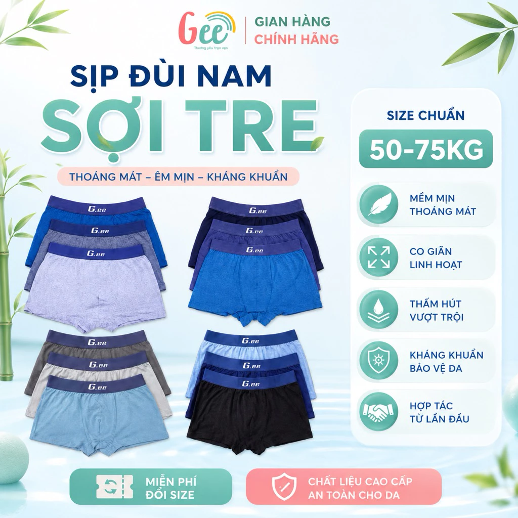 Set 3 sịp đùi nam Gee 50-75kg, boxer nam vải sợi tre mềm mát, thấm hút mồ hôi, kháng khuẩn, khử mùi, co giãn dễ chịu