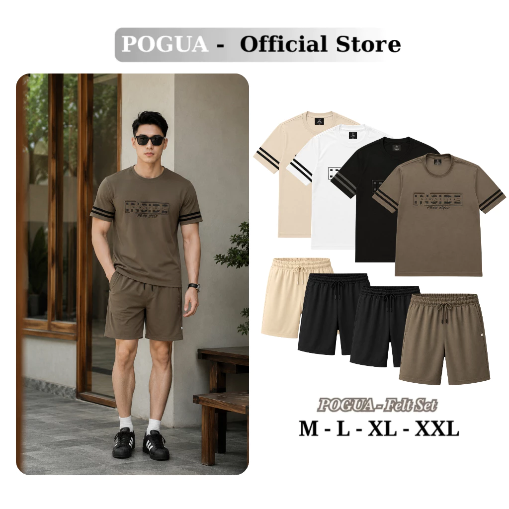 Bộ Quần Áo Nam POGUA Cổ Tròn Cộc Tay Phối Kẻ Viền Tay, Thiết Kế Họa Tiết Dập Nổi ,Đồ Thể Thao Nam Form Dáng Basic DNV820