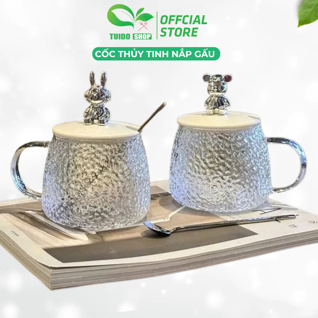 Cốc thủy tinh chịu nhiệt chống nứt – Nắp hình gấu ngộ nghĩnh, muỗng tiện lợi - TUIDO SHOP