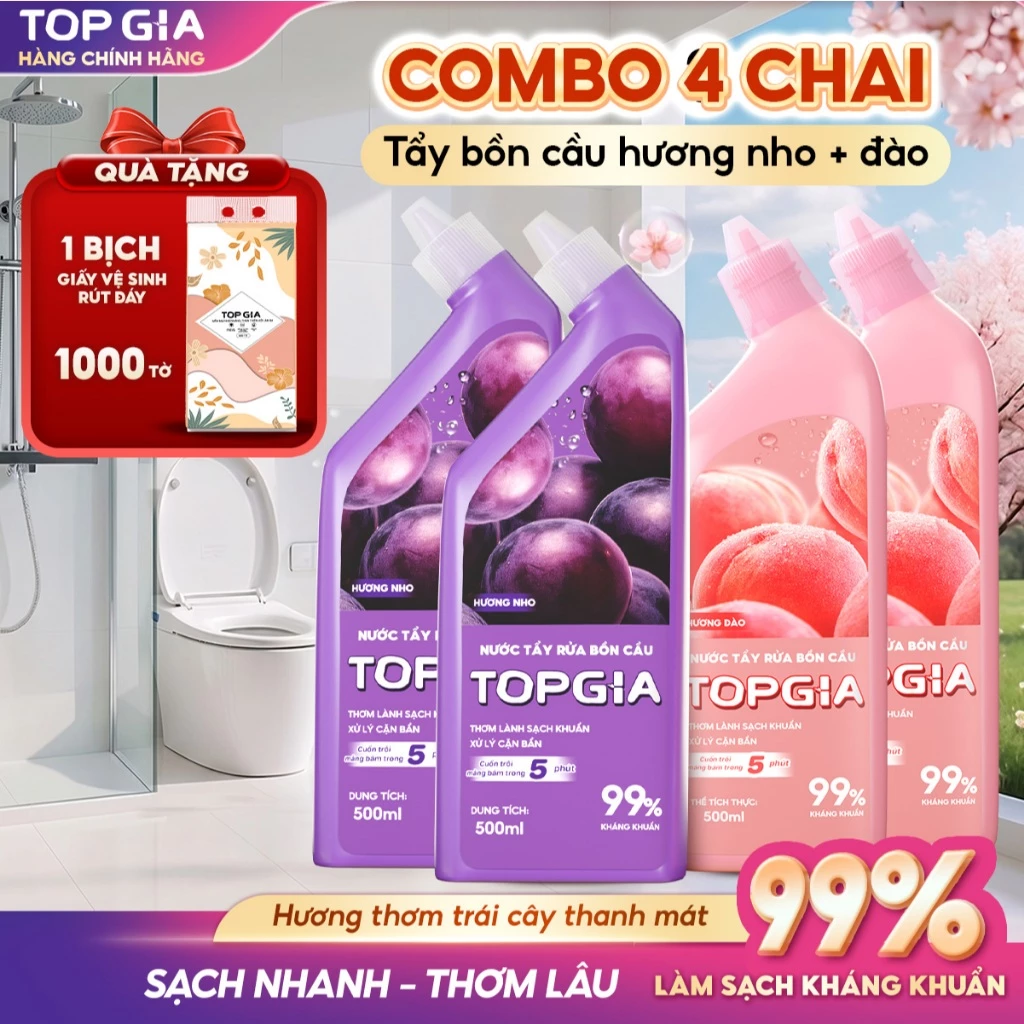 [COMBO 4 CHAI TẶNG GIẤY VỆ SINH] Nước Tẩy Bồn Cầu TOPGIA Hương Nho Đào, Sạch Bẩn, Một Lần Tẩy Cả Ngày Thơm, Chai 500ml
