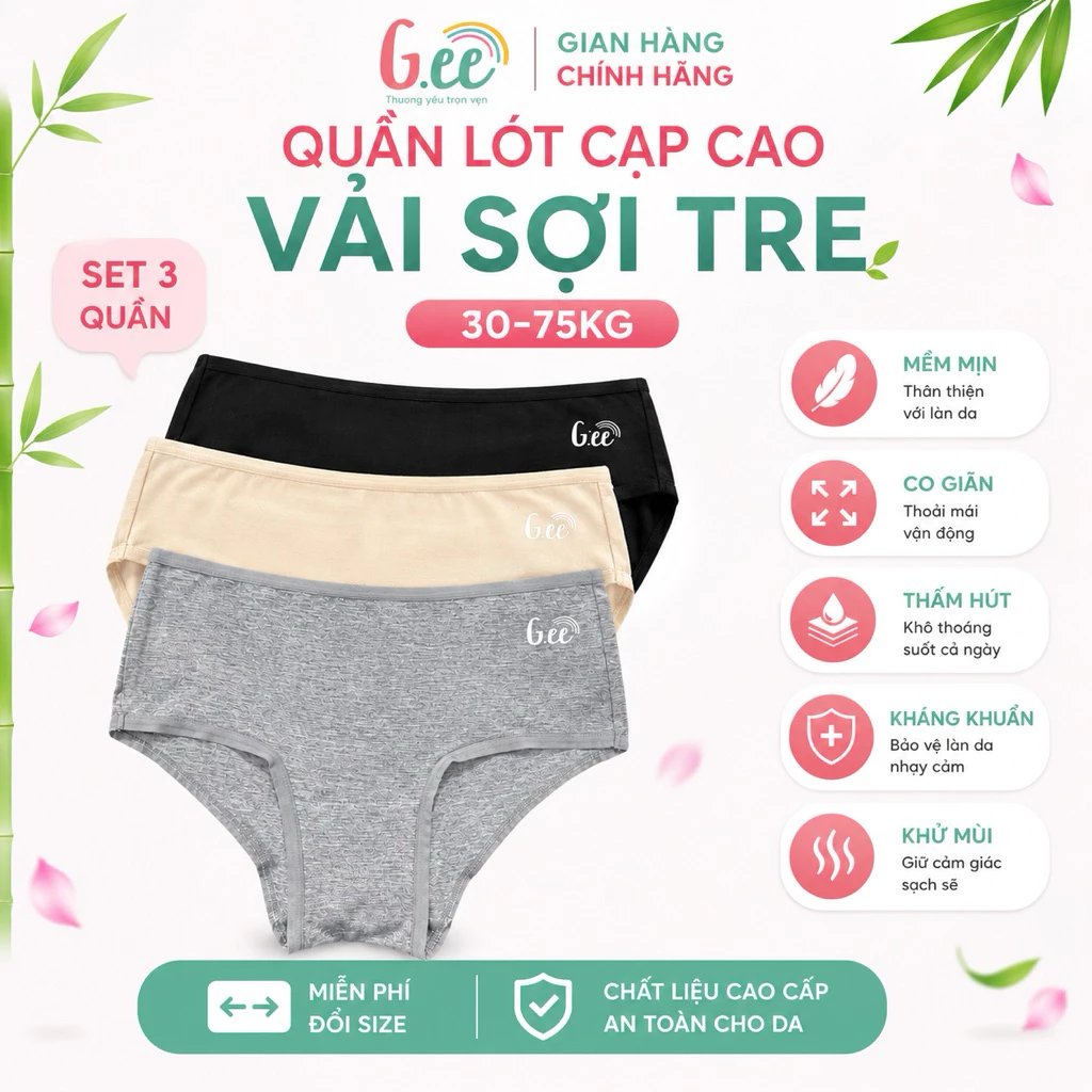 Set 3 quần lót nữ tam giác cạp cao vừa sợi tre Gee - mềm mát, co giãn, kháng khuẩn, thoáng khí, không hằn, 30-75kg