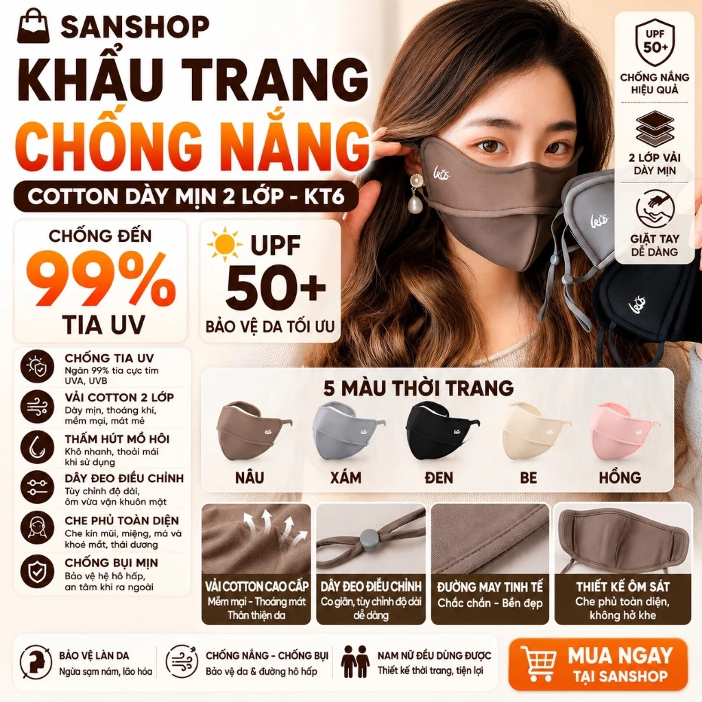 Khẩu Trang Chống 99% Tia Uv Cotton Dày Mịn Hai Lớp Nắng Upf 50 Sanshop