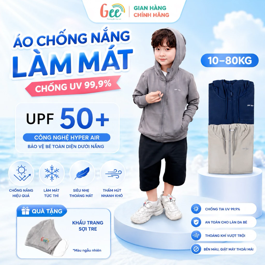 Áo khoác chống nắng bé trai, bé gái Gee, UPF 50+ chống tia uv 99,9%, có nón, trùm kín tay, vải mềm mát dễ chịu