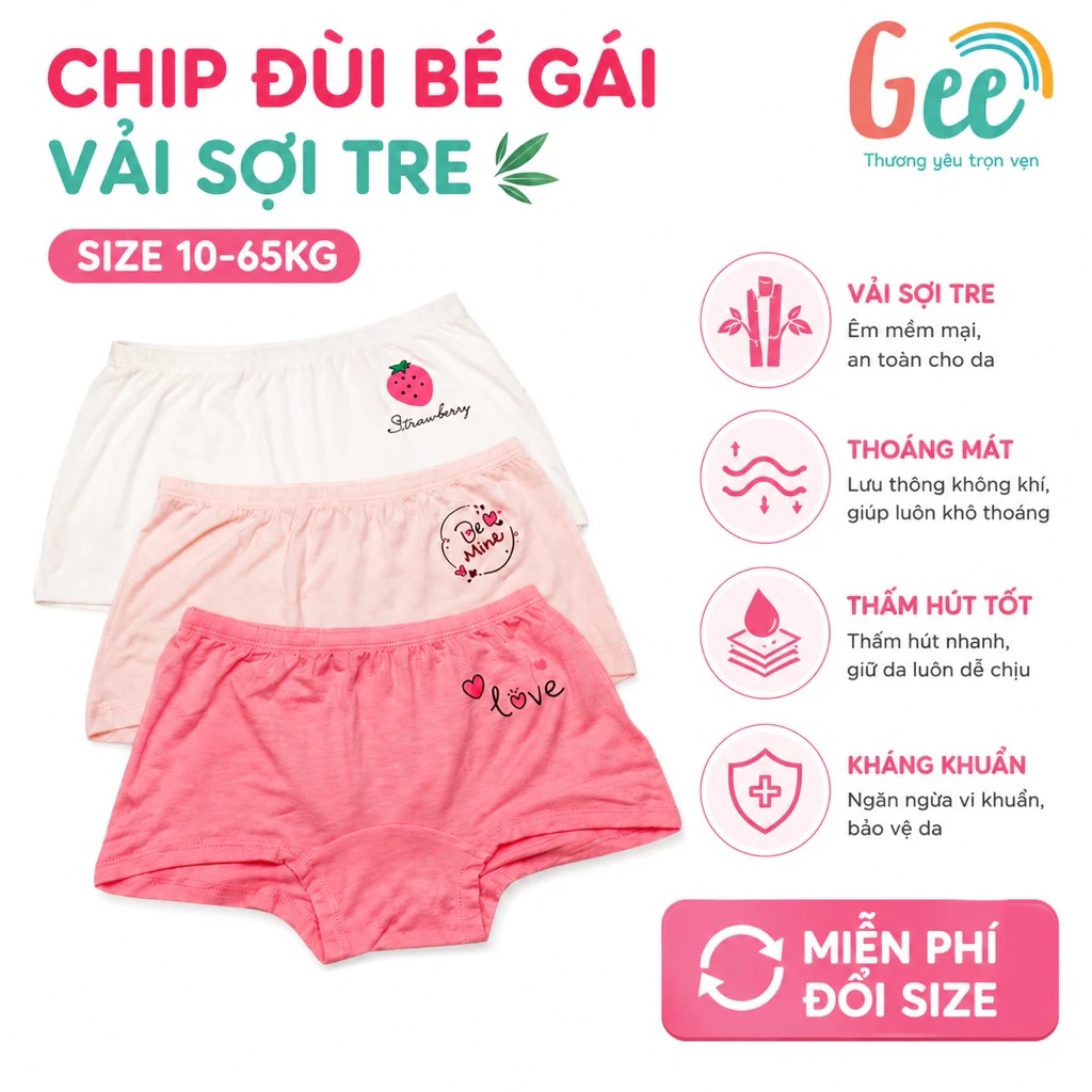Set 3 quần chip đùi cho bé gái mặc váy Gee TRÁI TIM, vải sợi tre mềm mịn, co giãn, thoáng mát, thấm hút - C1