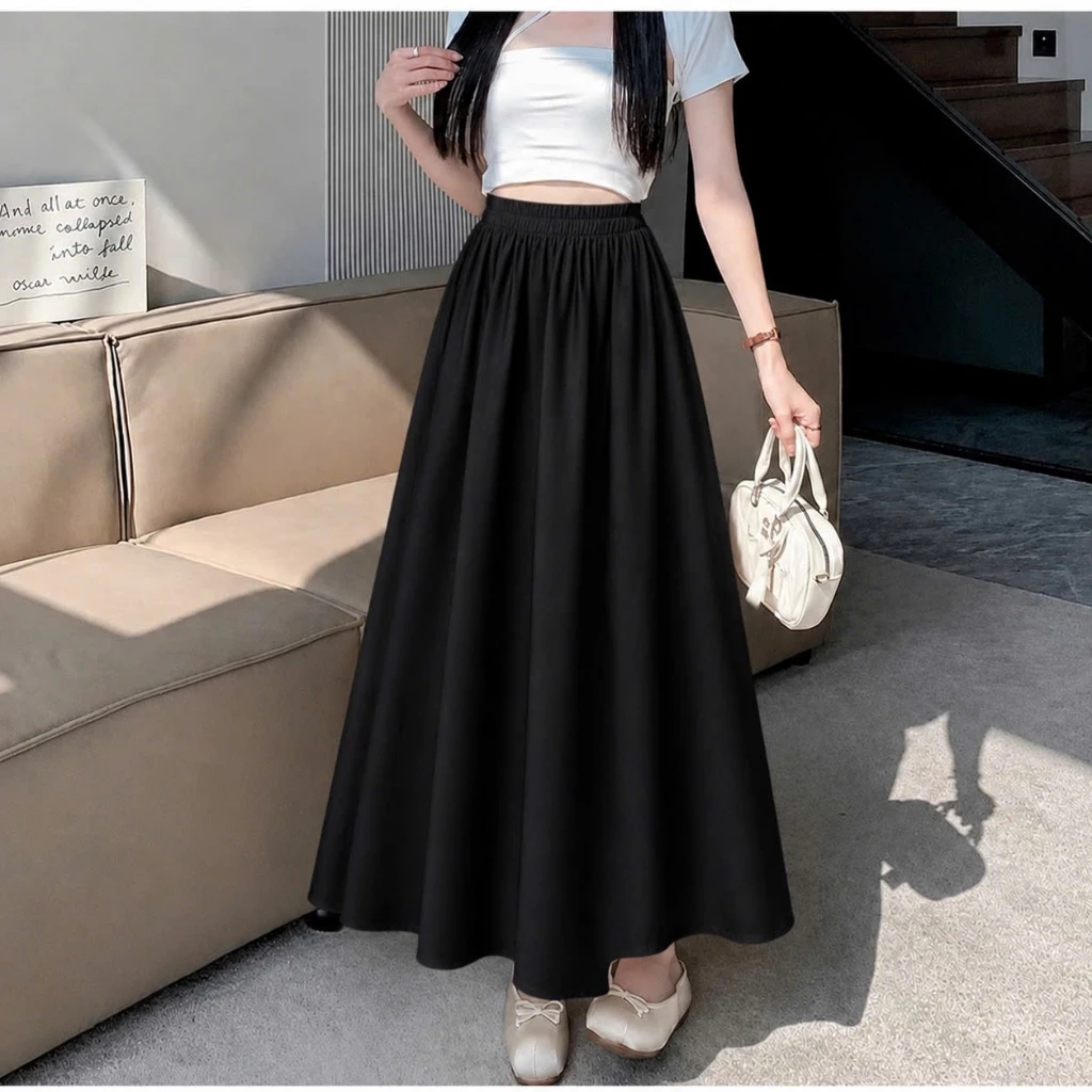 Chân váy dài qua gối bigize nữ dáng xòe chất vải lụa mềm mịn màu sắc basic dễ phối đồ dành cho nàng chuppy- CV15