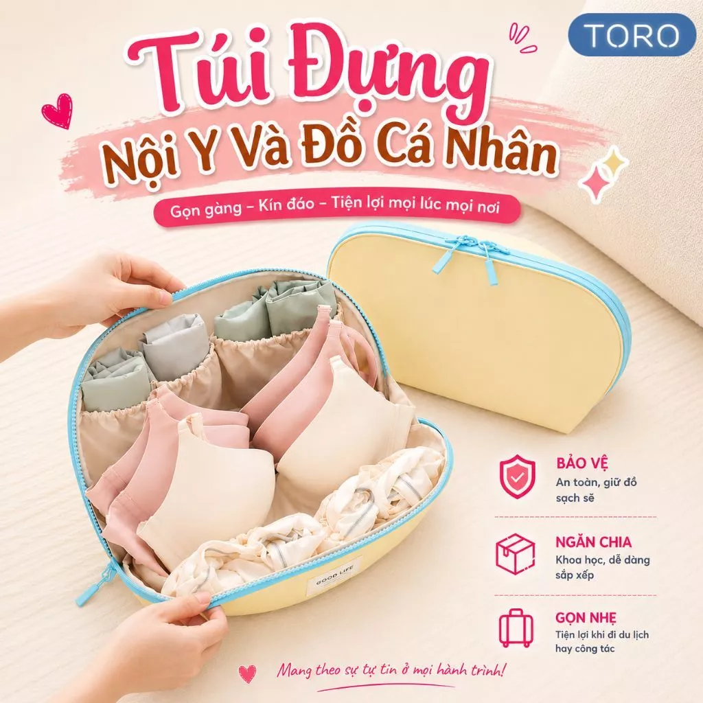 Túi Đựng Nội Y Và Đồ Cá Nhân TORO Thiết Kế 3 Ngăn Tiện Lợi Vải Polyester Chống Thấm Dùng Khi Du Lịch