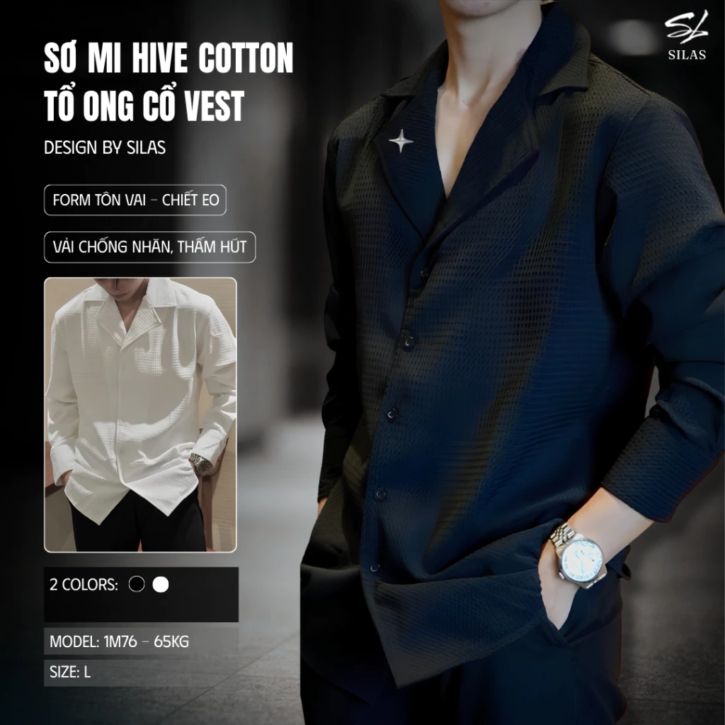Sơ mi SILAS HIVE Cotton Tổ Ong Cổ Vest Nam Form Rộng - ASLC03